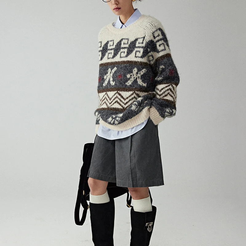 O Neck Cotton Pullover Women Jacquard Knitted Wool Sweater