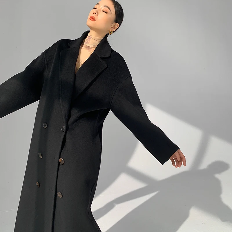 European Fashion commuter Winter Warm 100% Wool Coat Ladies Classic Elegant Coat Double-breasted Long Sleeve With Pockets