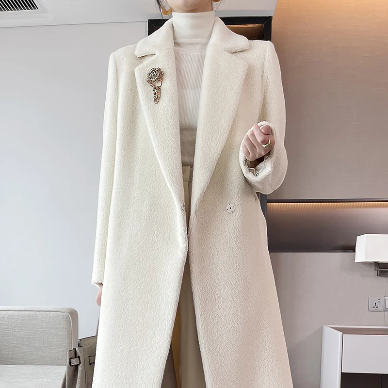 Small Batch Clothing Processing Alpaca Hair Thickening Cashmere Coat Long Keep Warm Fit Women s Wear Plush   Lapel Coat