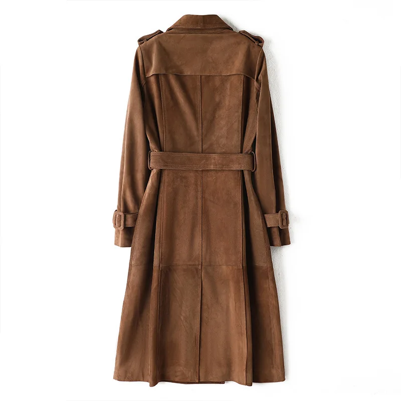High End Vintage Fleece Leather Trench Coat Luxury Long Genuine Cowhide Suede Leather Jackets for Women