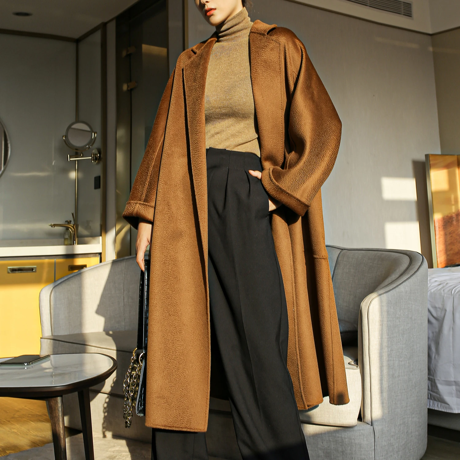 High-end Reproduction of the Classic Large Umbrella Hem Bathrobe Caramel Color Reversible Water Ripple Wool Coat Fashionable