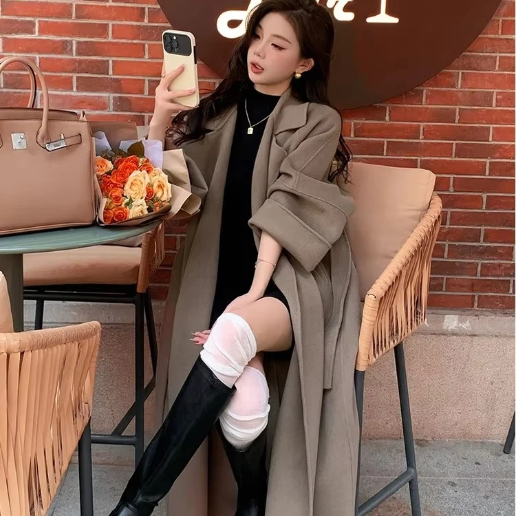 High-grade Autumn and Winter New Gray Double-faced Cashmere Coat for Women Loose Lazy Style Woolen Medium-length Wool Coat