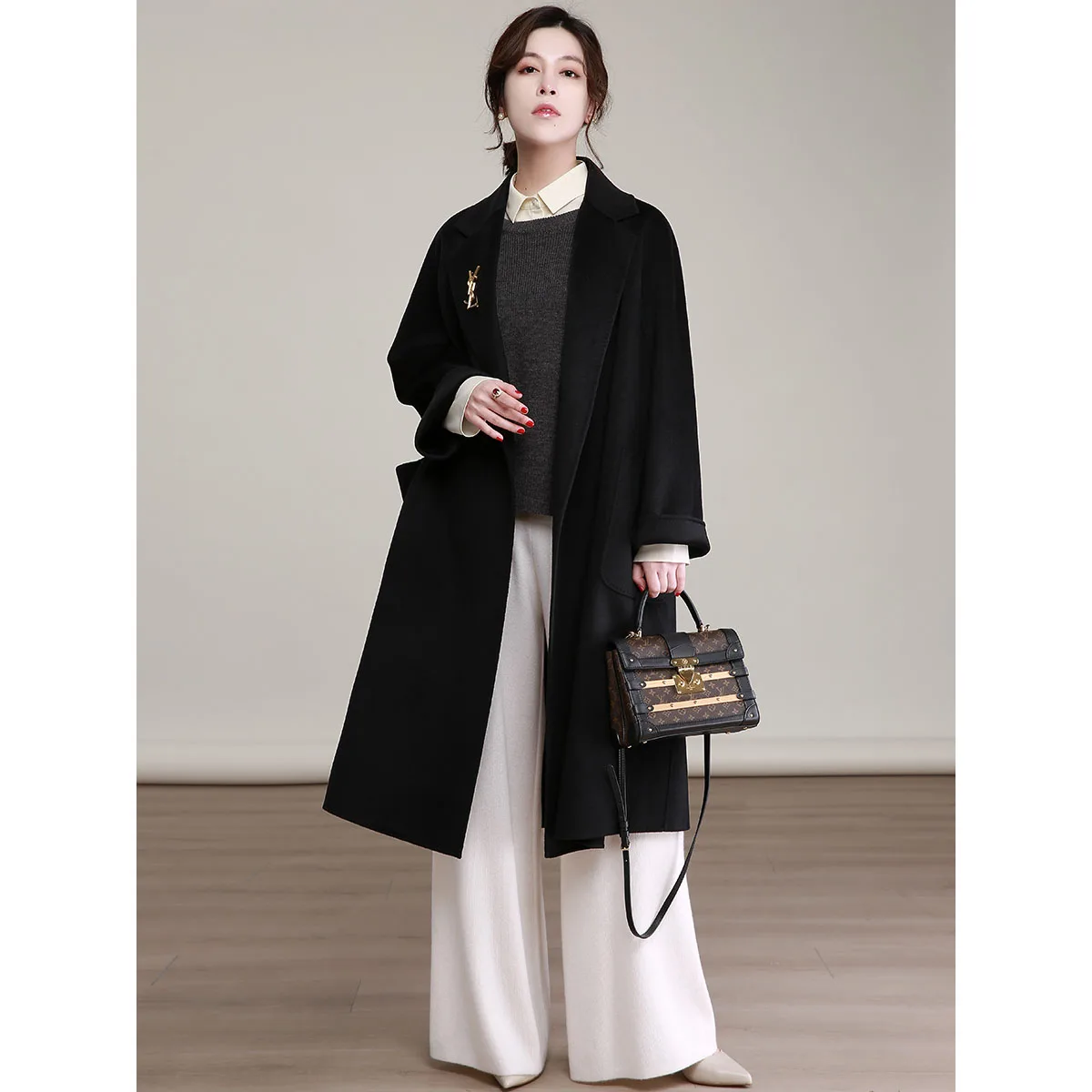 Hepburn Style High-end Burgundy Solid Color Pure Cashmere Jacket Bathrobe Models Double-sided Soft Cashmere Coat Female Retro
