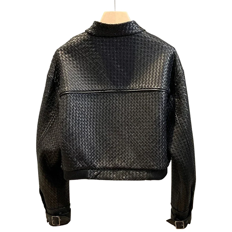 High Quality Cropped Black Woven Real Sheepskin Leather Jackets for Women