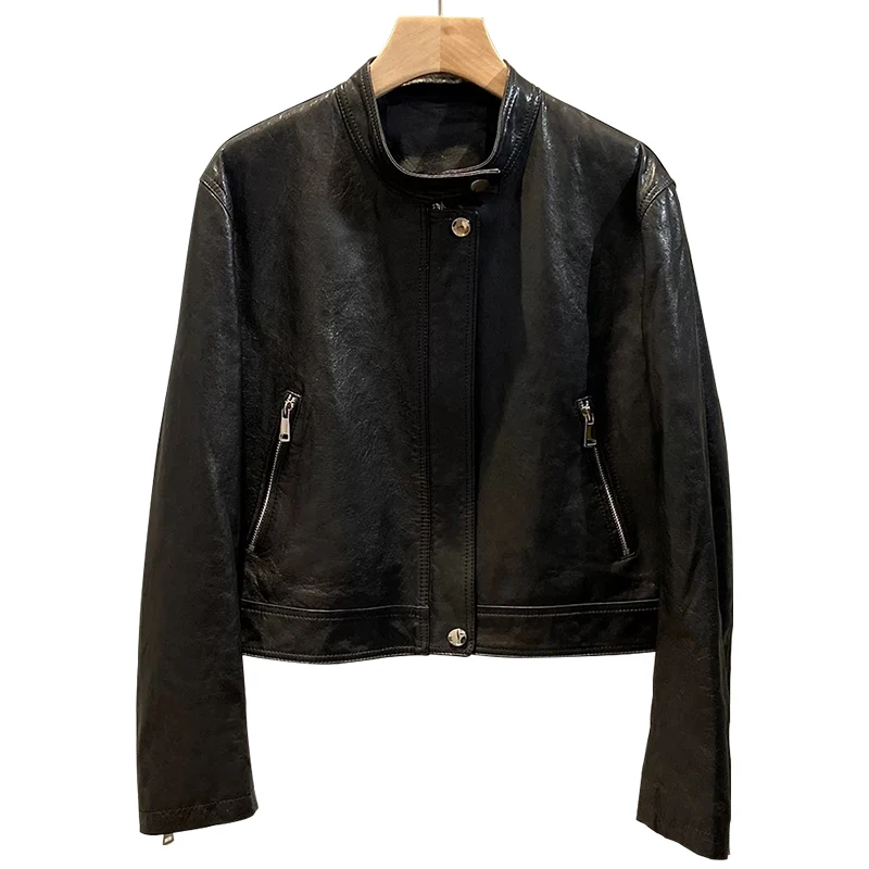 Vintage Oil Wax Leather Coat Women Crop Genuine Sheepskin Motorcycle Leather Jackets for Women