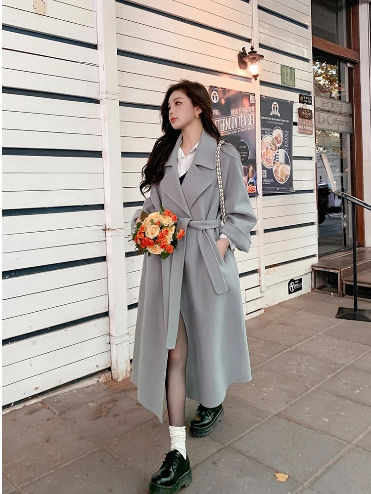 High-grade Autumn and Winter New Gray Double-faced Cashmere Coat for Women Loose Lazy Style Woolen Medium-length Wool Coat