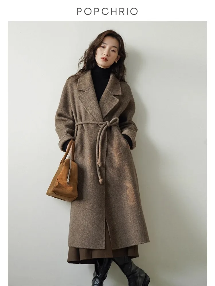 High-grade Lace-up Double-faced Woolen Coat, Woolen Coat, Small Size, Medium and Long