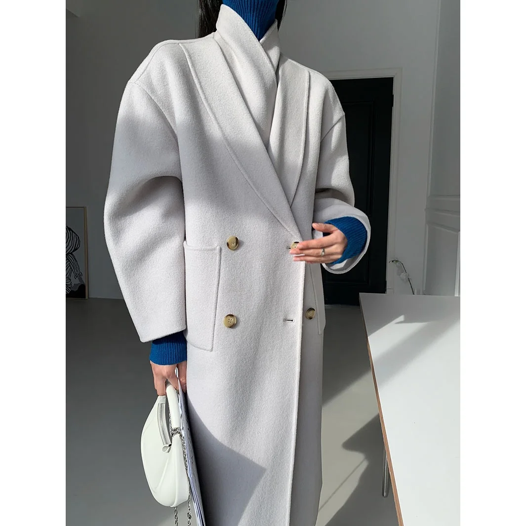 Double Placket Fruit Collar Thickened Double-sided Cashmere Coat Tweed Tall Coat Female Hepburn Style Classic Simple Long Coat