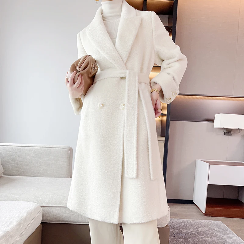 Made in High Quality the Real Alpaca Hair Tie a Belt New Design White Thickening Plush Long Sleeve Cashmere Coat