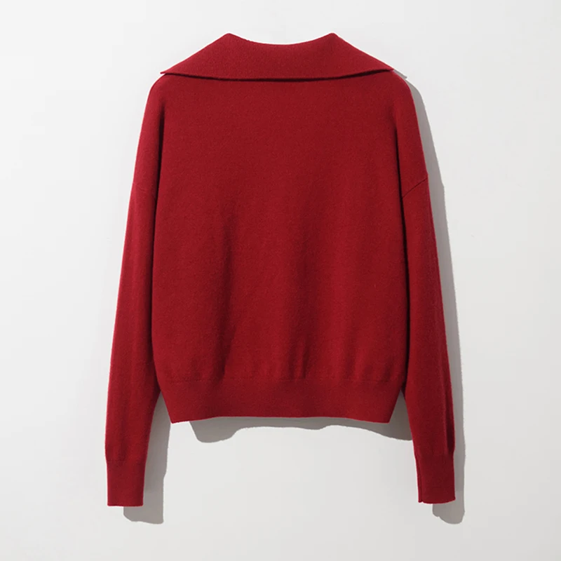 Polo Collar Knitwear Pullover Knitted Wool Cashmere Sweater for Women