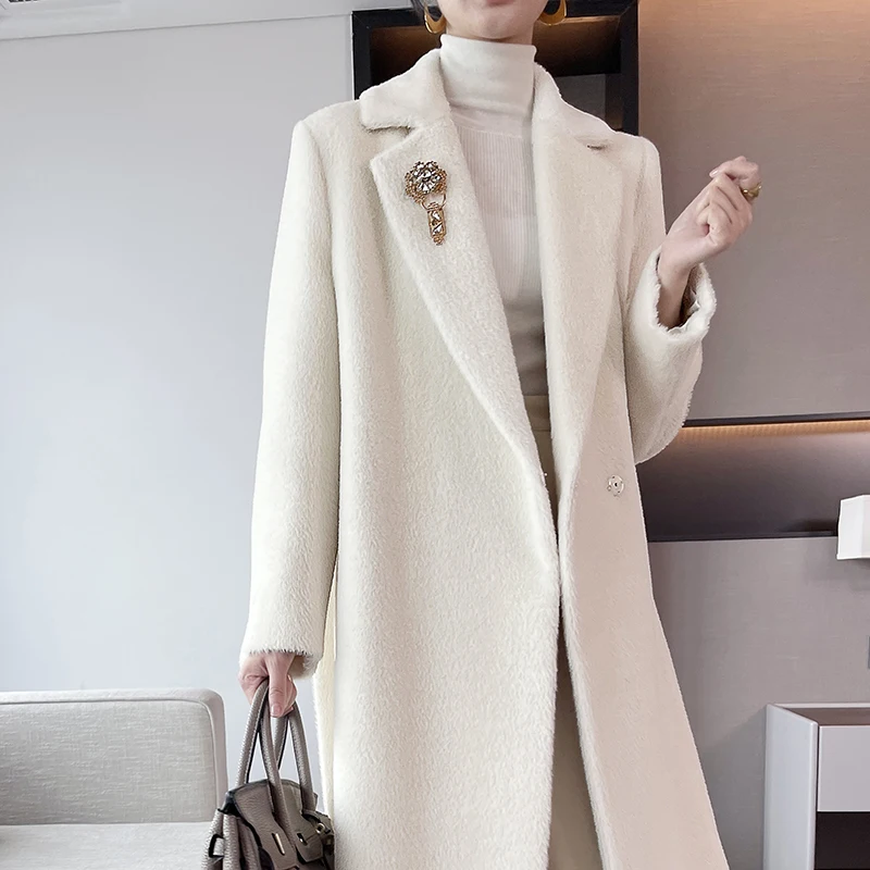 Small Batch Clothing Processing Alpaca Hair Thickening Cashmere Coat Long Keep Warm Fit Women s Wear Plush   Lapel Coat