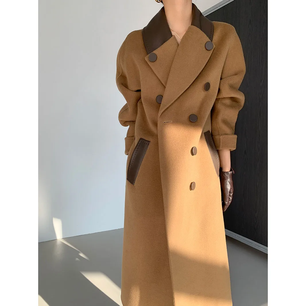2025 New European Light Luxury Sheepskin Stitching Double-sided Cashmere Coat Tweed Jacket Female Autumn and Winter