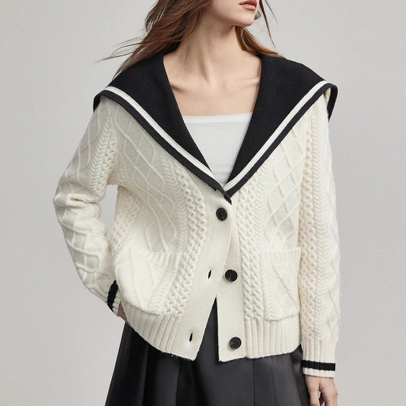 Sailor Collar Knitwear Women Single Breasted Loose Wool Knitted Sweater Cardigan