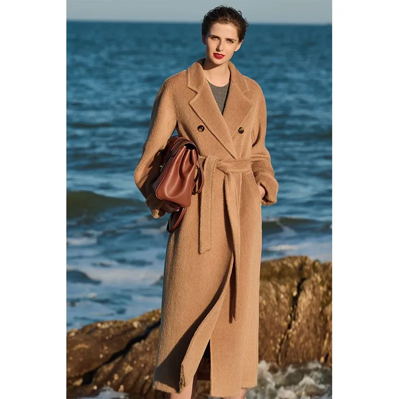 Black Double-sided Suli Alpaca Wool Coat Female Medium-length Winter High-end Hepburn Wind Thickened Tweed Jacket