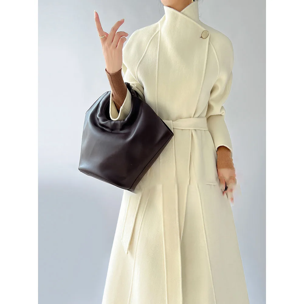 High-end Collar Double-sided Cashmere Coat Women in the Long Paragraph 2025 Autumn and Winter New Temperament Laced Wool Tweed