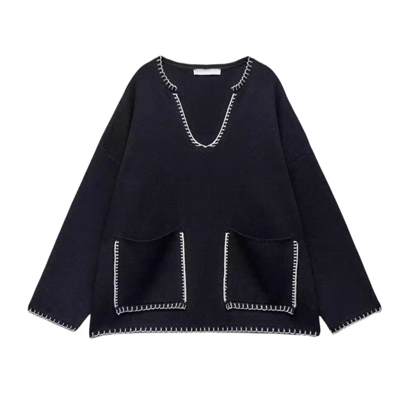 Long Sleeve Knitwear Women Pullover Crop Knitted Sweater With Stitched Pockets