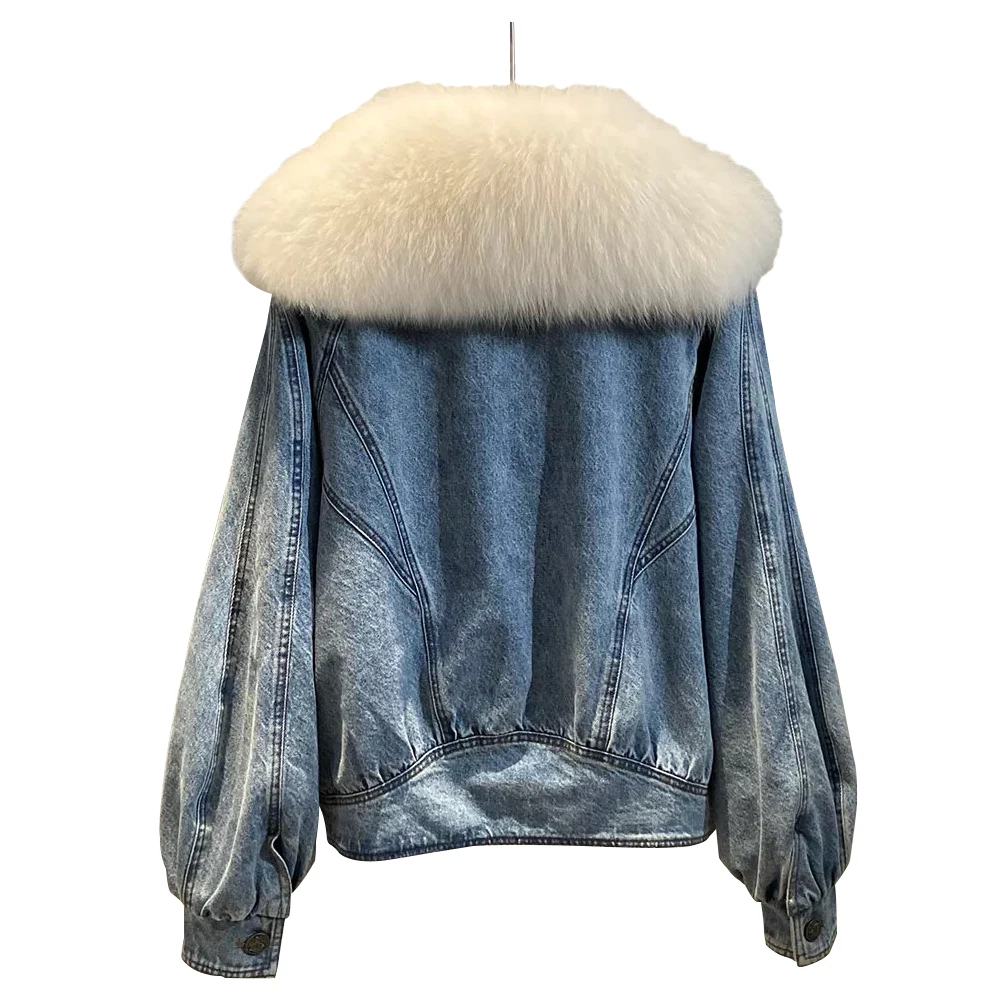 Cropped White Duck Down Liner Women Denim Jacket Women With Real Big Fox Fur Collar