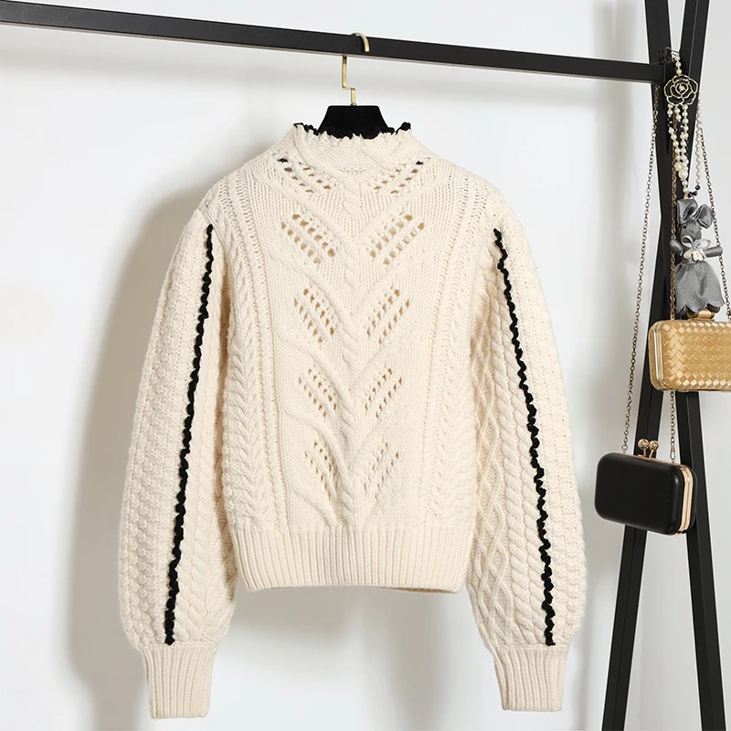 Luxury O Neck Knitwear Winter Women Knitted 100% Wool Sweater With Black Stripe