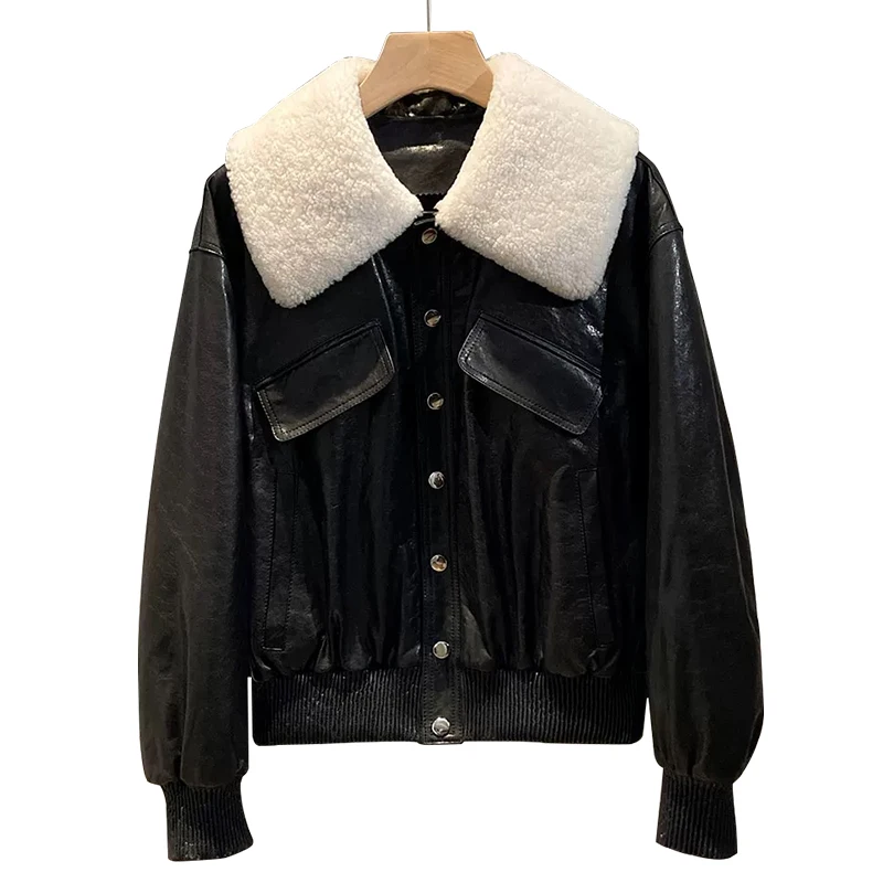 Winter Genuine Sheepskin Leather Fur Coat Women Crop White Duck Down Jacket With Wool Fur Collar