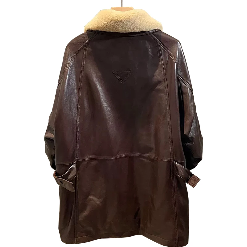 Winter Warm Genuine Sheepskin Leather Coat Women Mid Long Length Goose Down Leather Jacket With Wool Fur Collar