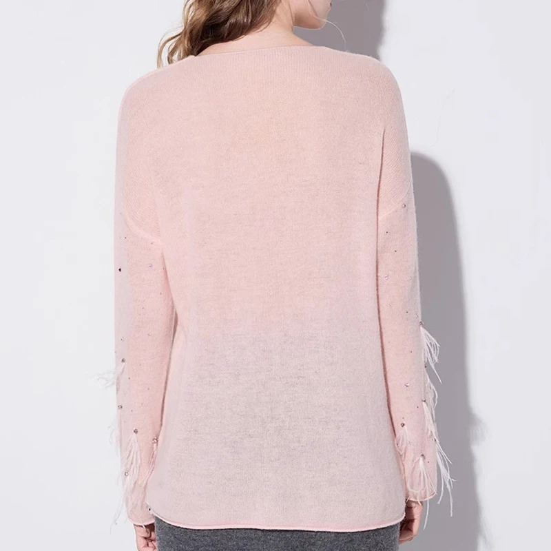 Luxury Hot Fix Rhinestone Designs Tassels Knitwear Short Cotton Knitted Sweater Women with Ostrich Feather