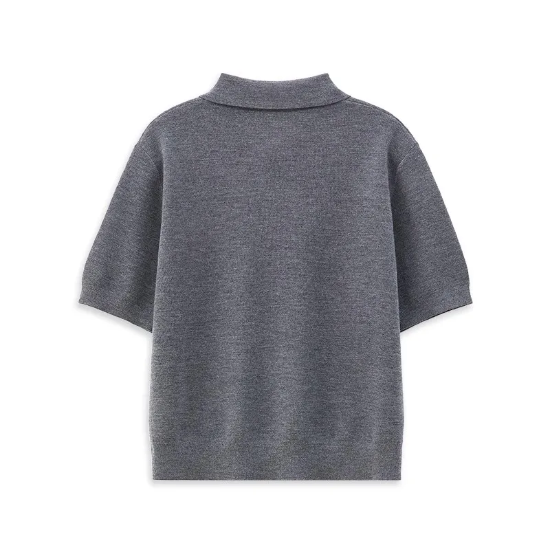 Preppy Style Polo Shirts Knitted Pullover Summer Short Sleeve 100% Wool Knitwear for Women