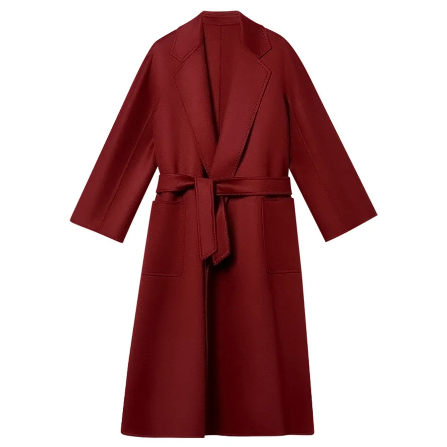Hepburn Style High-end Burgundy Solid Color Pure Cashmere Jacket Bathrobe Models Double-sided Soft Cashmere Coat Female Retro