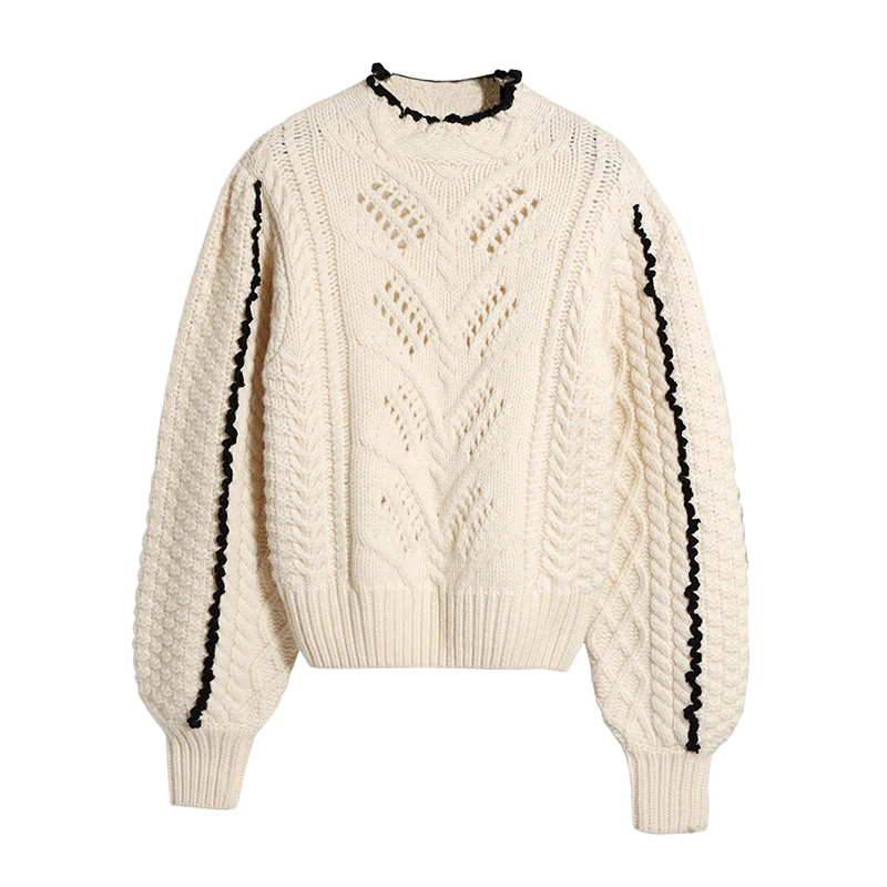 Luxury O Neck Knitwear Winter Women Knitted 100% Wool Sweater With Black Stripe