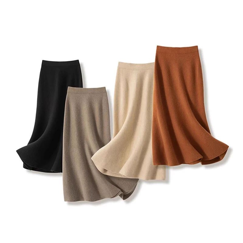 High Quality Solid Fishtail Skirt Knitted Cashmere Wool Skirts for Women
