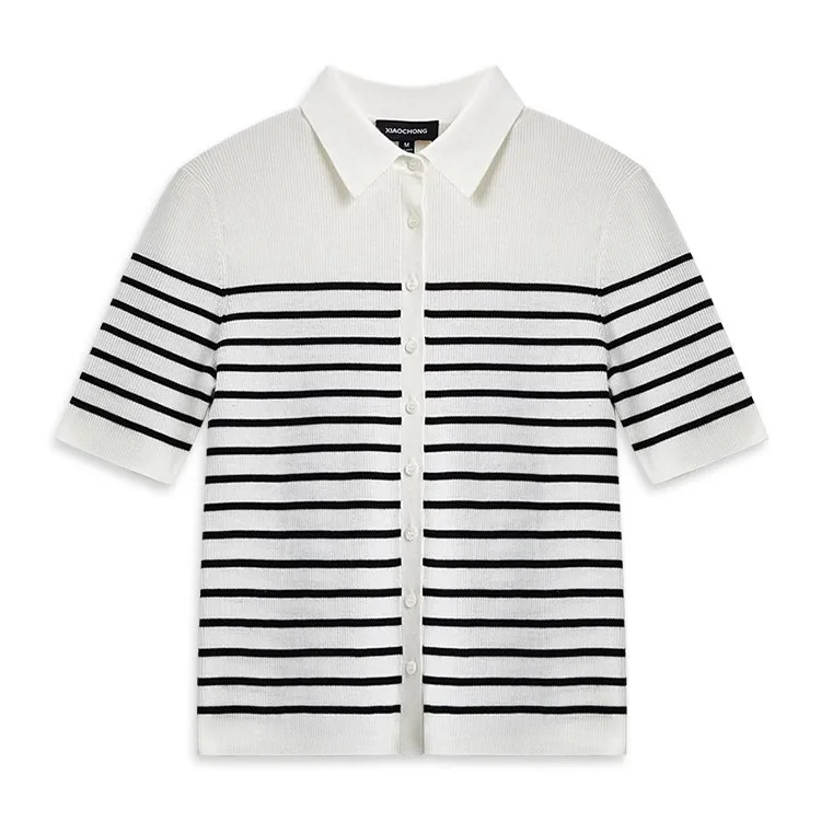 Single Breasted Polo Shirt Knitted Pullover Cardigans Short Sleeve 100% Wool Knitwear for Women