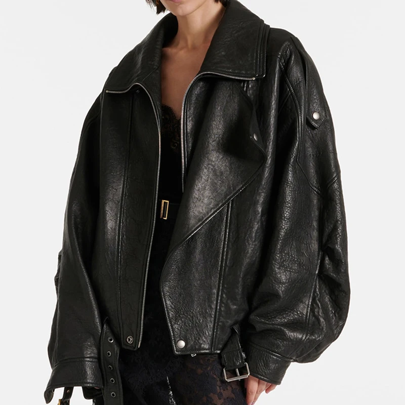 Vintage Bubble Leather Coat Oversized Motorcycle Genuine Sheepskin Leather Jacket for Women