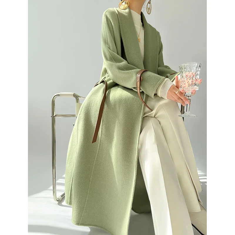 Design Sense Green Fruit Collar Double-sided Tweed Cashmere Coat Female 2025 Autumn and Winter New Lacing Temperament Wool Tweed