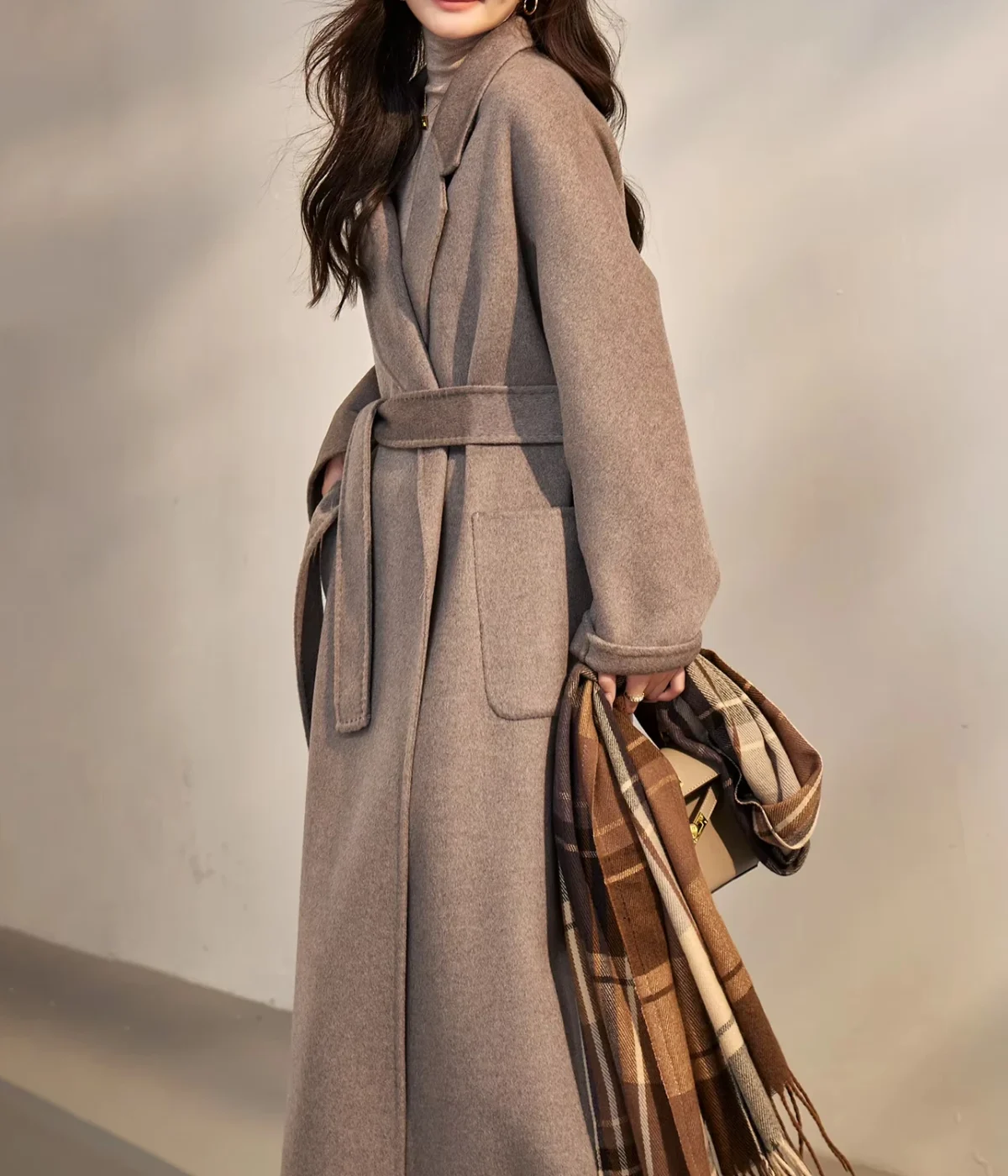 Oatmeal Double-faced Cashmere Coat for Women, Mid-length, Popular Autumn and Winter Style, Suit-style Woolen Coat