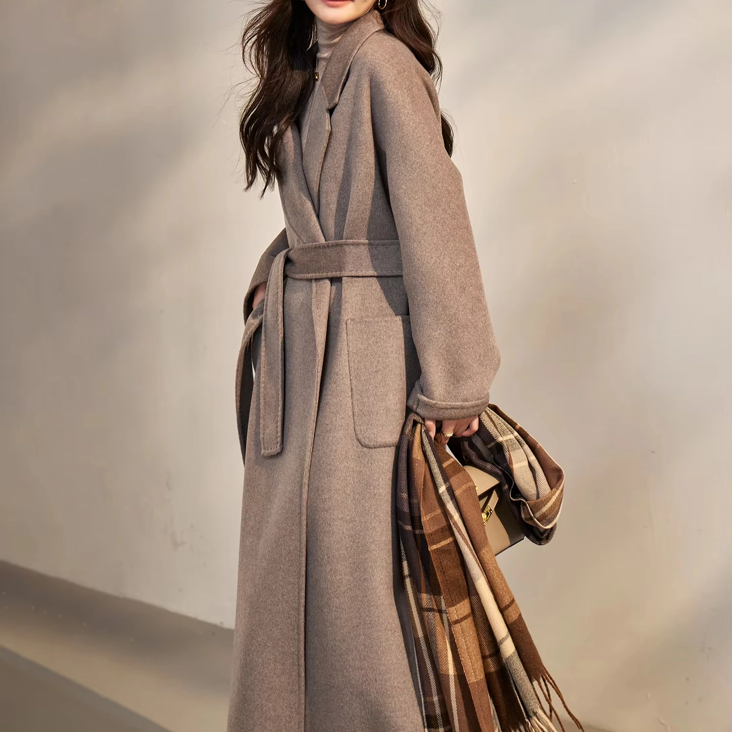Oatmeal Double-faced Cashmere Coat for Women, Mid-length, Popular Autumn and Winter Style, Suit-style Woolen Coat