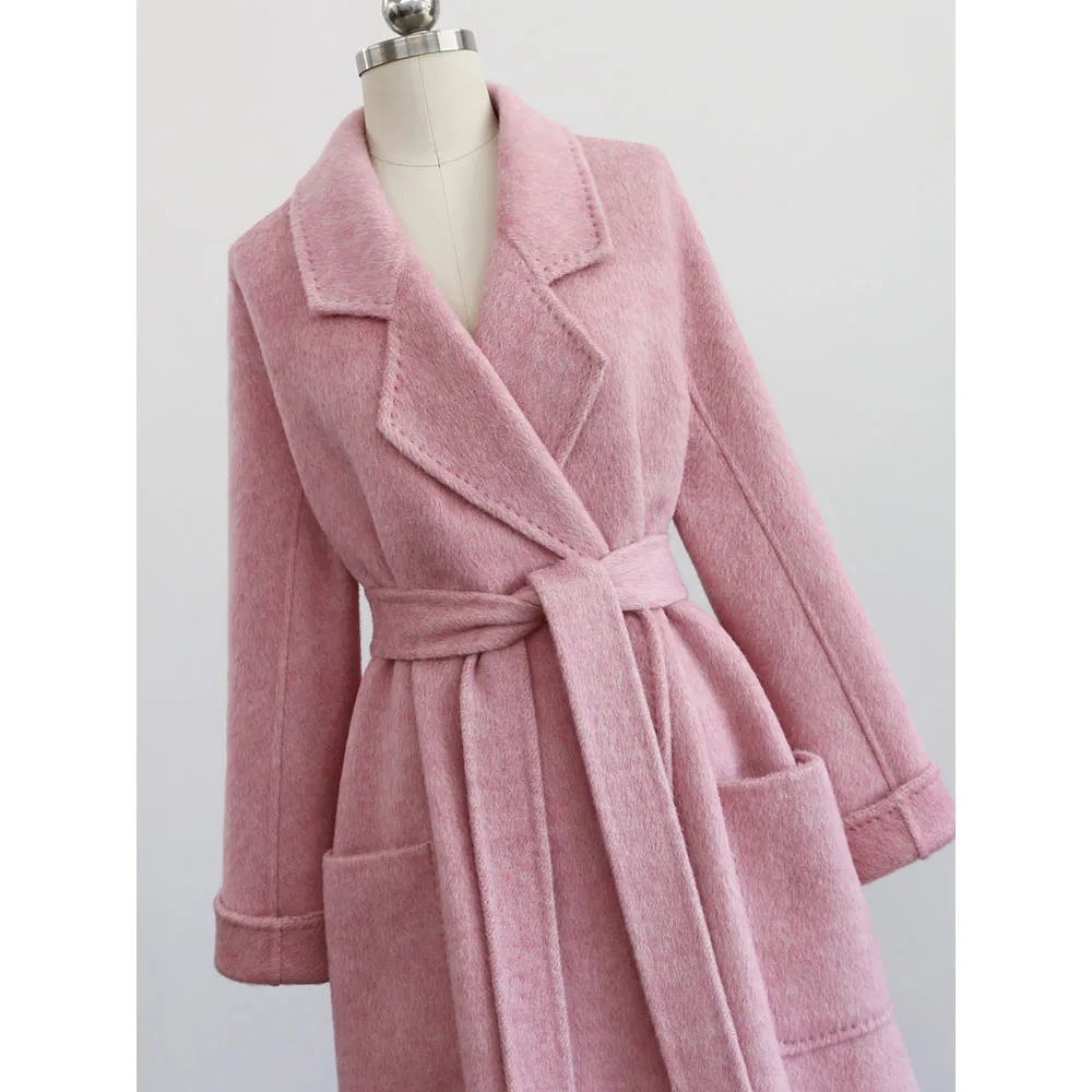 2025 Winter New Lacing Loose Soft pink Soft Double-sided Wool Tweed Medium-length Knee-length Coat Coat