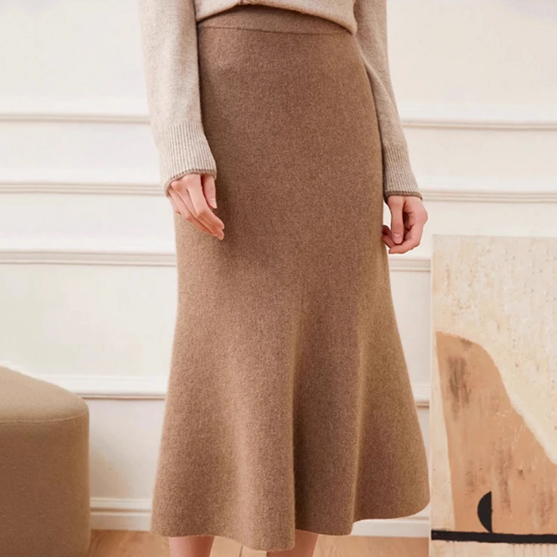 High Quality Solid Fishtail Skirt Knitted Cashmere Wool Skirts for Women