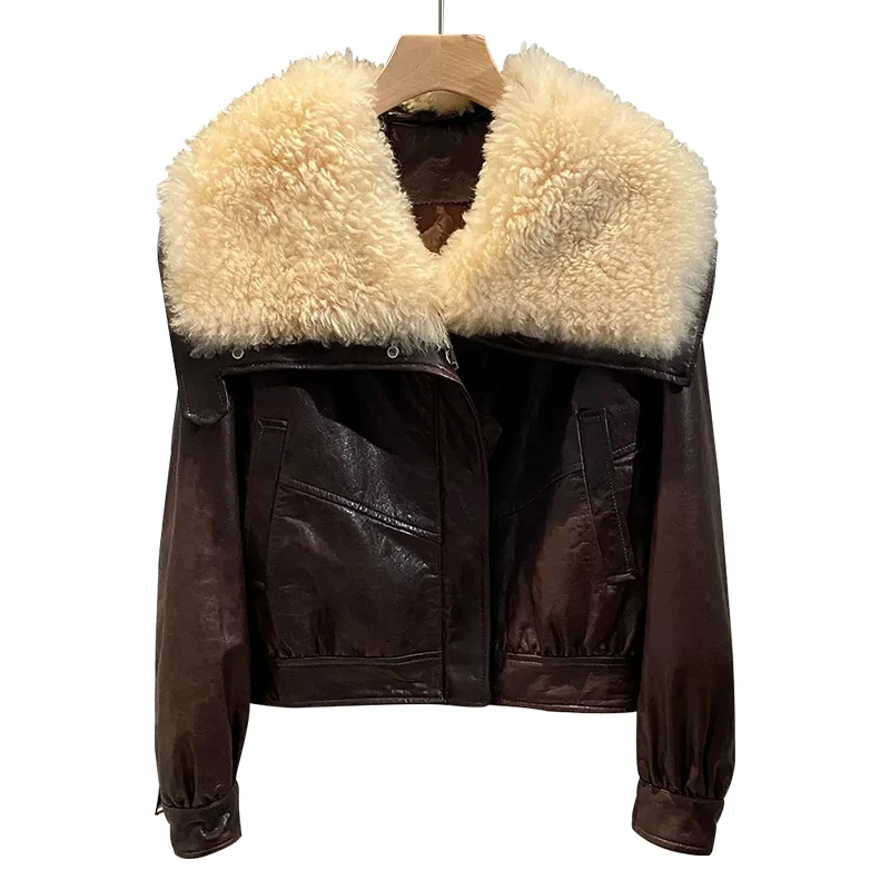 Cropped Motorcycle Leather Fur Coat Women Winter Genuine Sheepskin Shearling Leather Jacket With Lamb Fur Collar