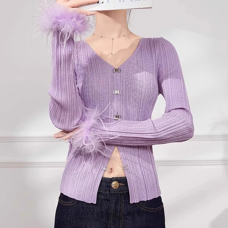 Luxury V Neck Knitwear for Women Short Polyester Ostrich Feather Fur Embellished Sweater Casual Spring Front