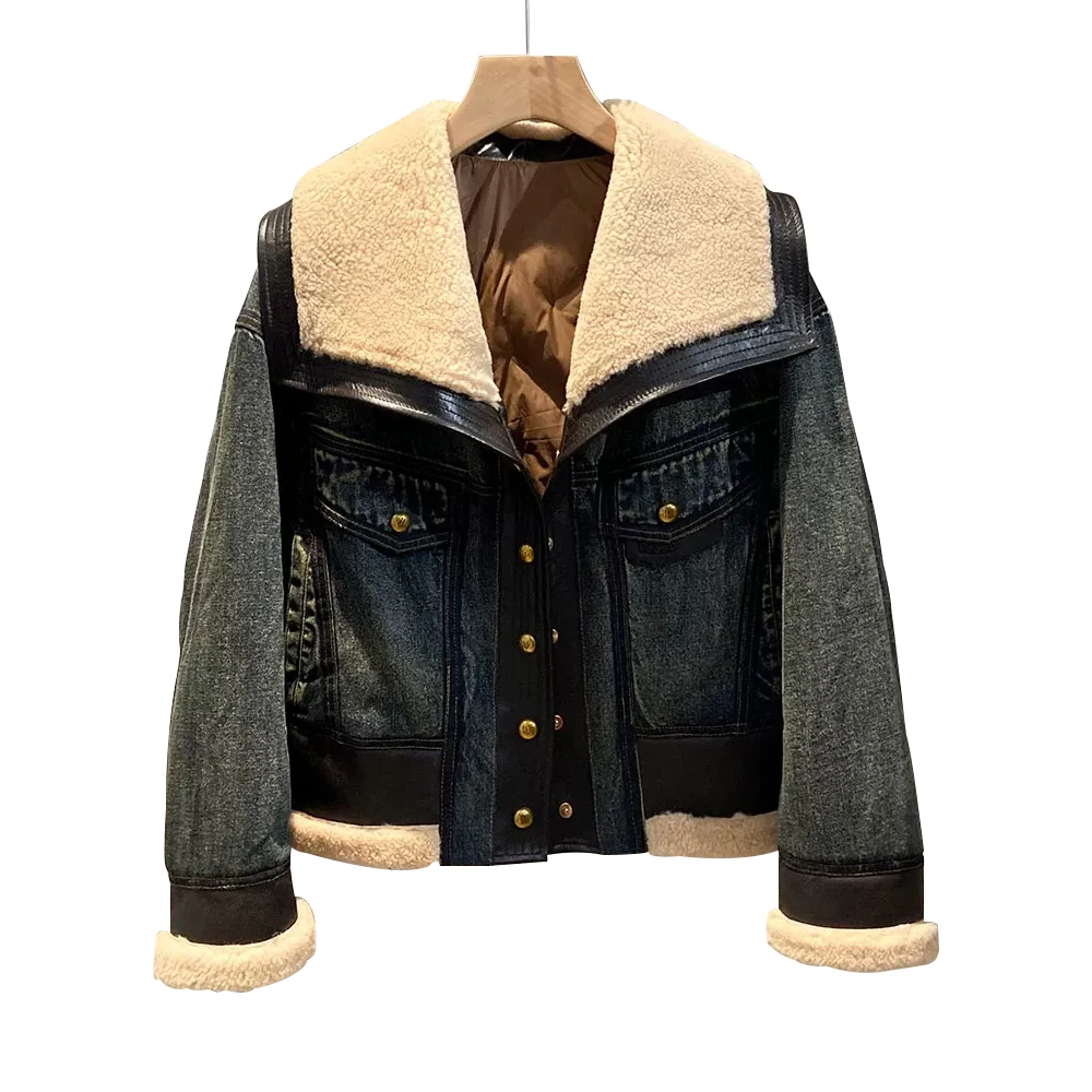 Goose Down Inner Liner Denim Coat Winter Leather Collar Denim Jackets With Lamb Fur