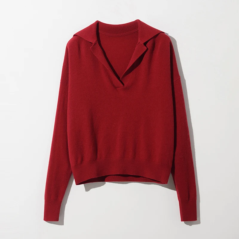 Polo Collar Knitwear Pullover Knitted Wool Cashmere Sweater for Women