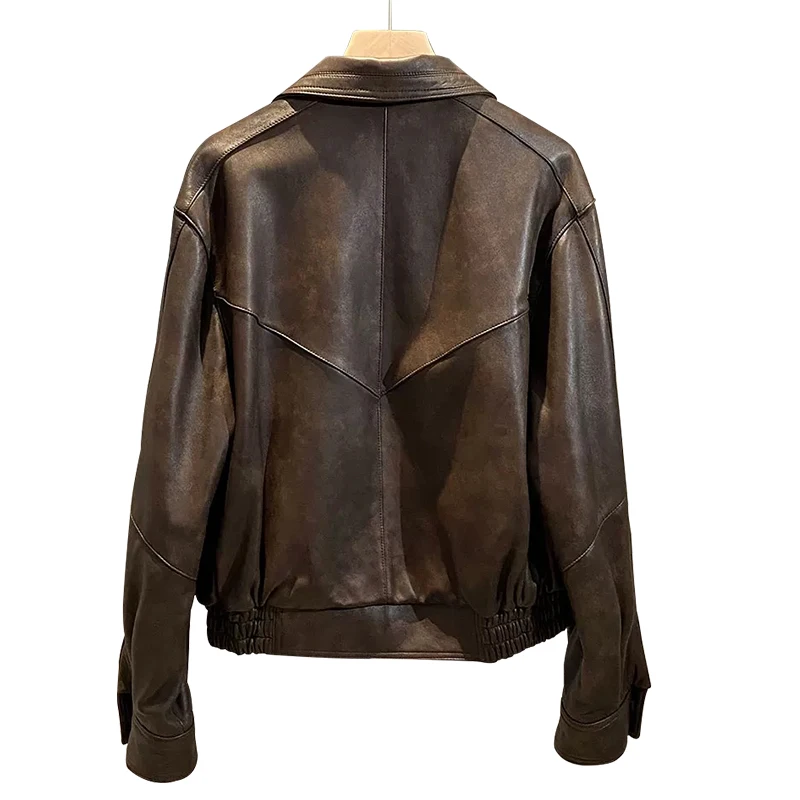 Vegetable Tanned Leather Jacket Crop Real Sheepskin Leather Coat for Women
