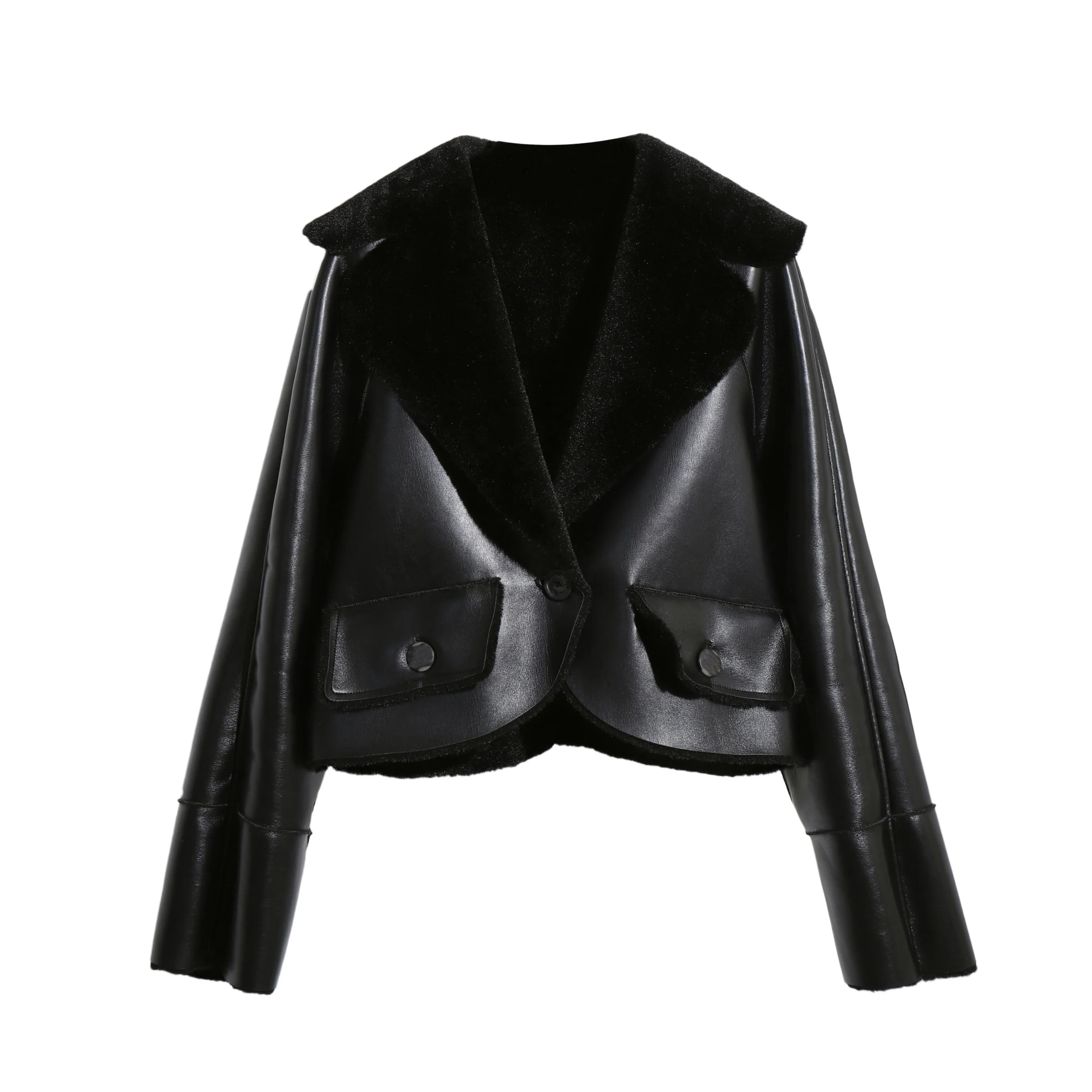 Winter Black Cropped Shearling Jackets Women Luxury Lamb Fur Vegan Leather Coat for Ladies