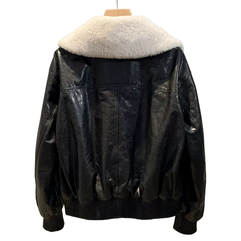 Winter Genuine Sheepskin Leather Fur Coat Women Crop White Duck Down Jacket With Wool Fur Collar