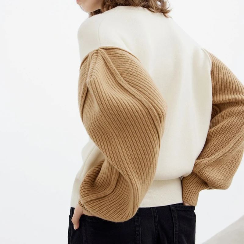 Luxury Patchwork Sleeve Knitwear Winter O Neck Women 100% Wool Knitted Sweater