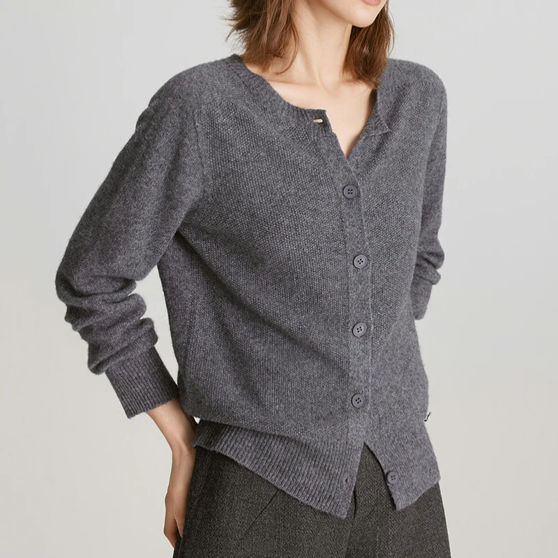 Simplicity Autumn Single Breasted Knitwear O Neck 100% Wool Knitted Cardigan for Women