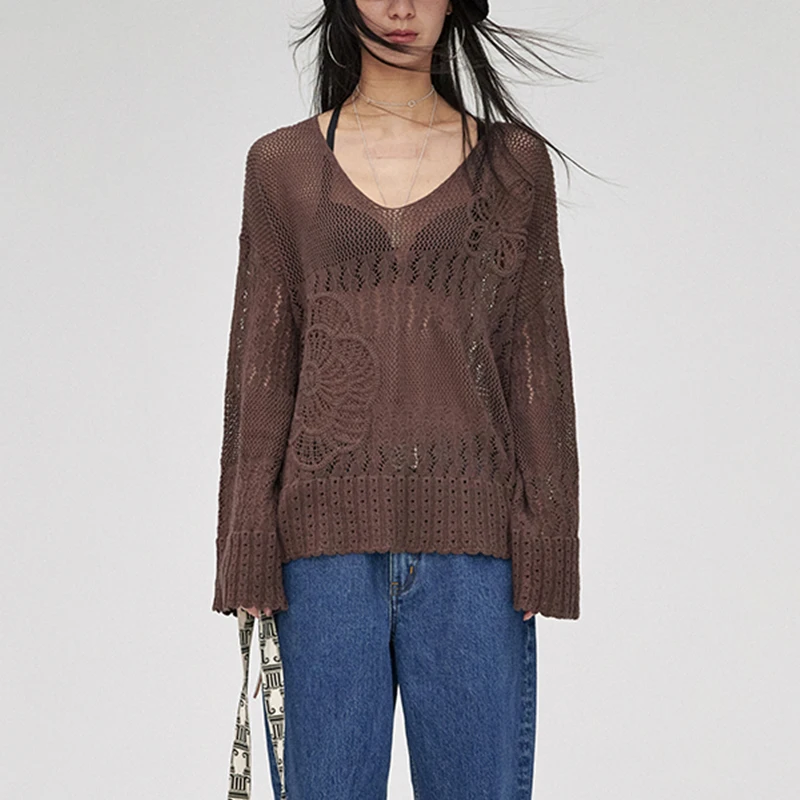 Long Sleeve Women Pullover Hollow Out Embroidery Knitted Wool Sweaters