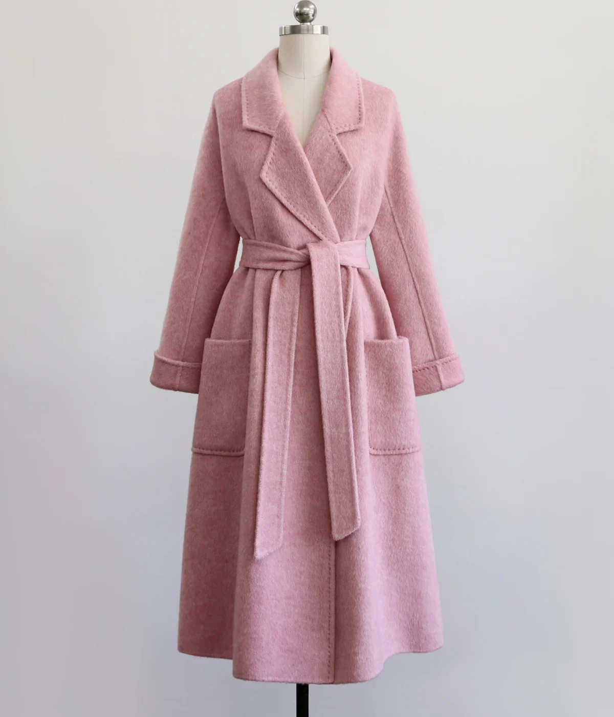 2025 Winter New Lacing Loose Soft pink Soft Double-sided Wool Tweed Medium-length Knee-length Coat Coat
