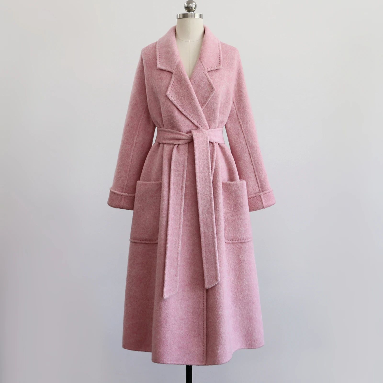 2025 Winter New Lacing Loose Soft pink Soft Double-sided Wool Tweed Medium-length Knee-length Coat Coat
