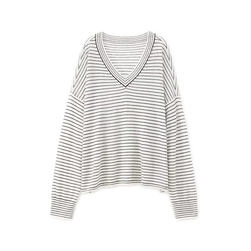 Luxury Long Sleeve Knitted Pullover Summer V Neck Stripped 100% Wool Knitwear for Women