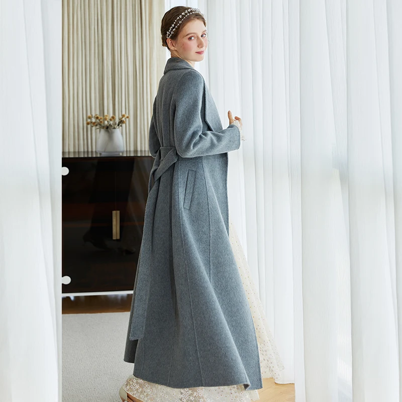 High-definition Thickened British Wool Coat to Ankle Long Slim Gray Double-sided Tweed Jacket